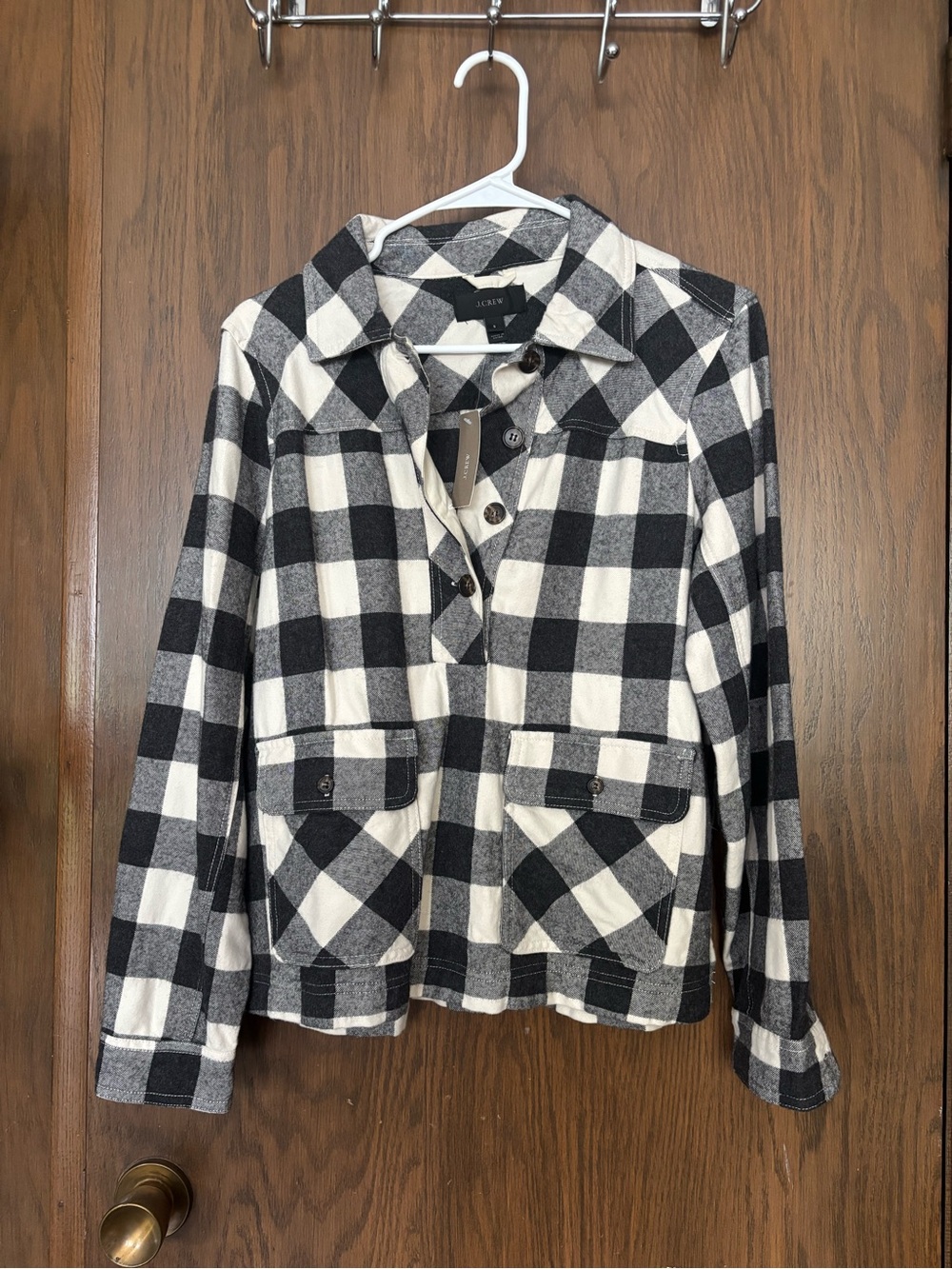 J. Crew Cotton Flannel Plaid Shirt Jacket Shacket Black/Cream NWT